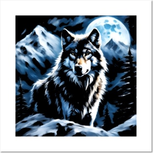 Wolf with Full Moon at Night Fantasy Posters and Art